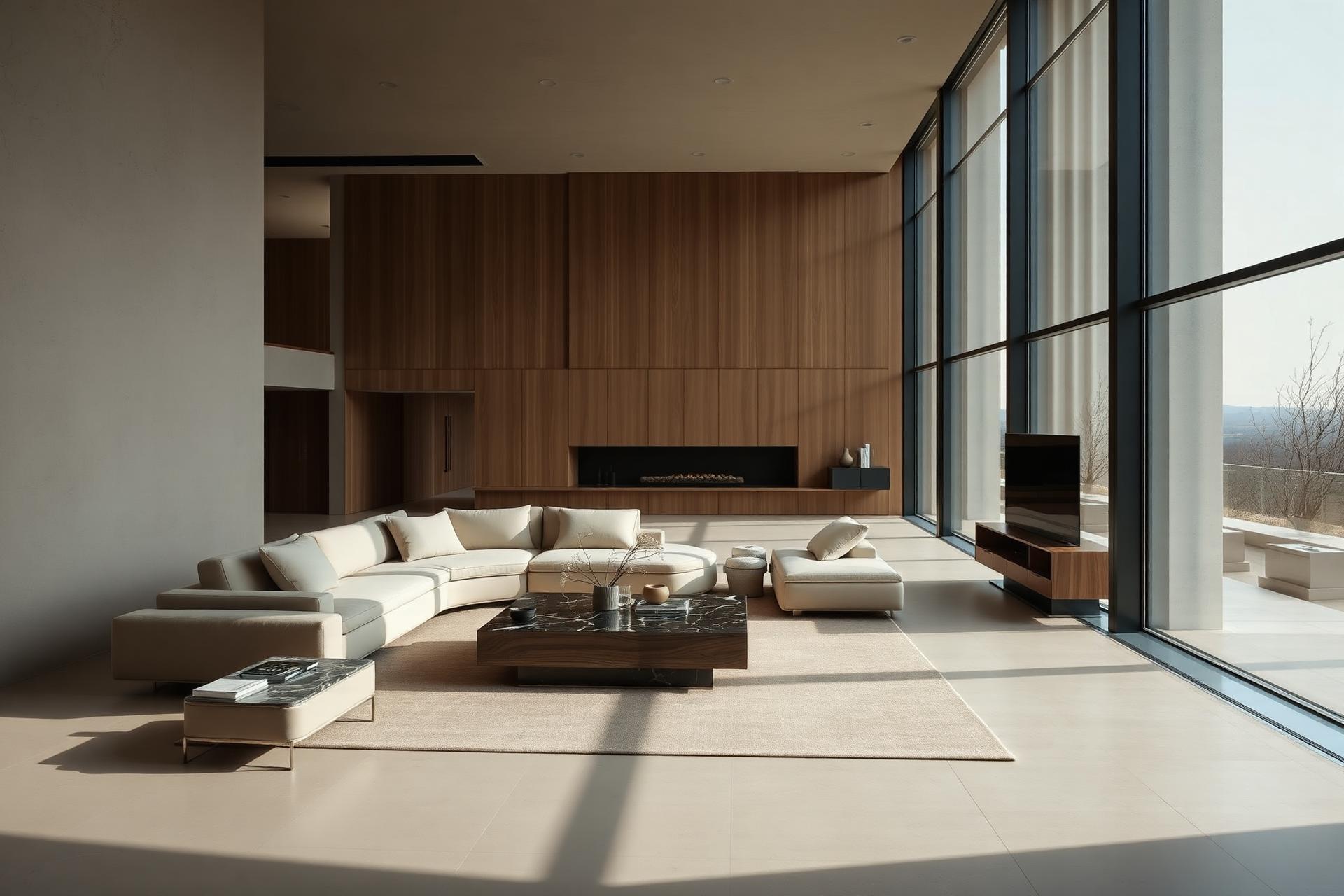 Sala de lujo con muebles italianos, ventanales de piso a techo y madera de nogal